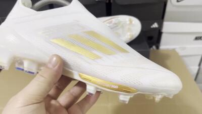 Men's Adidas F50+ Lightstrike Pro Laceless FG Firm Ground Low-Tops Football Boots - Cloud White/Gold Metallic/Cloud White