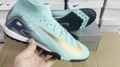 Unisex Nike Air Zoom Mercurial Superfly 10 Elite TF Artificial Turf High-Tops Football Shoes - Jade/Gold/Blue
