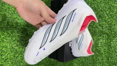 Unisex Adidas Predator 26 Elite Laceless TF Artificial Turf Low-Tops Football Shoes - White/Electric Blue/Light Grey