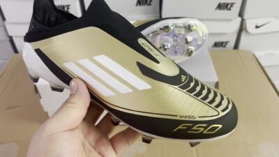 Men's Adidas F50 Adizero Messi Laceless FG Firm Ground Low-Tops Football Boots - Gold/White/Black